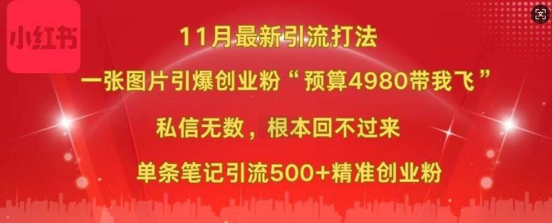 小红书11月最新图片打粉,一张图片引爆创业粉,“预算4980带我飞”,单条引流500+精准创业粉