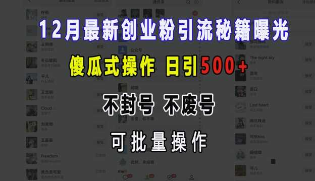 12月最新创业粉引流秘籍曝光 傻瓜式操作 日引500+ 不封号 不废号 可批量操作【揭秘】-星火爱财
