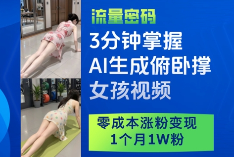3分钟掌握AI生成俯卧撑女孩视频,零成本涨粉变现,1个月1W粉-星火爱财