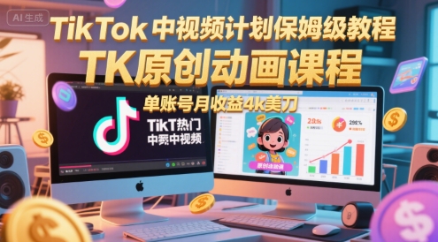TikTok中视频计划保姆级教程,TK原创动画课程,单账号月收益4k美刀-星火爱财