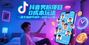 抖音男粉项目0成本玩法,一部手机即可操作,日均4张+,时间自由-星火爱财