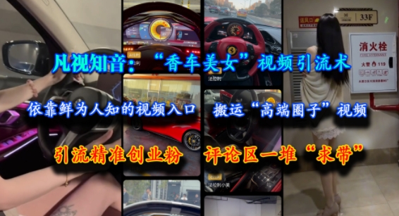 凡视知音:“香车美女”视频引流术,依靠鲜为人知的视频入口,搬运“高端圈子”视频,引流精准创业粉,评论区一堆“求带”-星火爱财