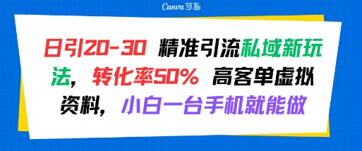日引 20-30 精准引流私域新玩法,转化率50% 高客单虚拟资料,小白一台手机就能做-星火爱财