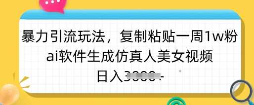 暴力引流玩法，复制粘贴一周1w粉，ai软件生成仿真人美女视频，日入多张-星火爱财
