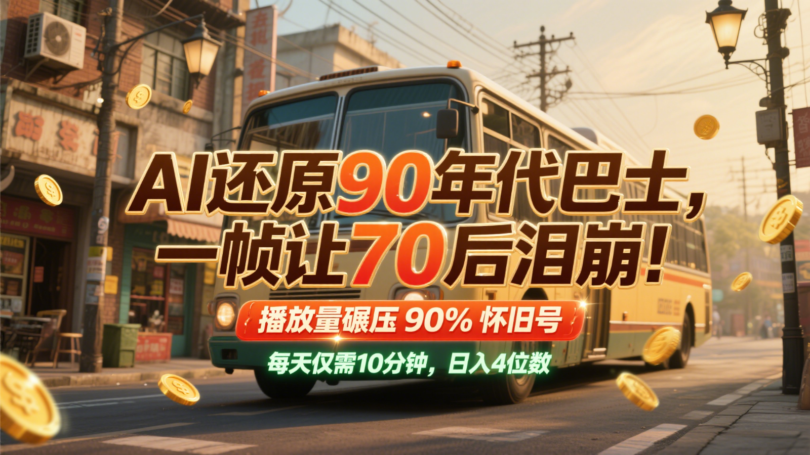 AI还原90年代巴士，一帧让70后泪崩！播放量碾压90%怀旧号，每天10分钟，日入4位数-星火爱财