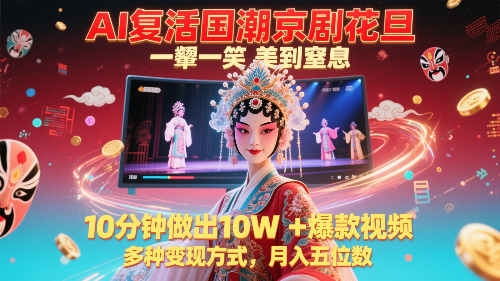 AI复活国潮京剧花旦，一颦一笑美到窒息，10分钟做出10W+爆款视频，多种变现方式，…-星火爱财