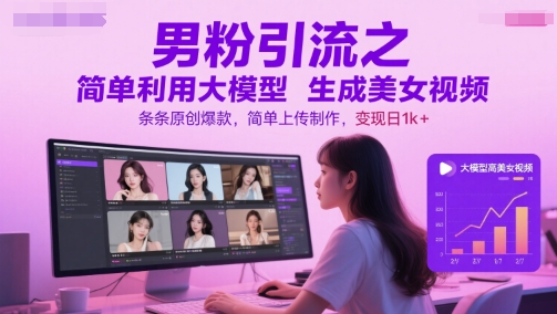 男粉引流之简单利用大模型生成美女视频，条条原创爆款，简单上传制作，变现日1k+-星火爱财