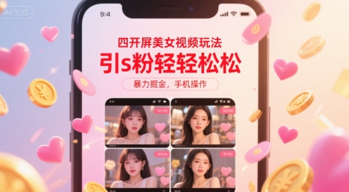 四开屏美女视频玩法，引s粉轻轻松松，暴力掘金，手机操作【揭秘】-星火爱财